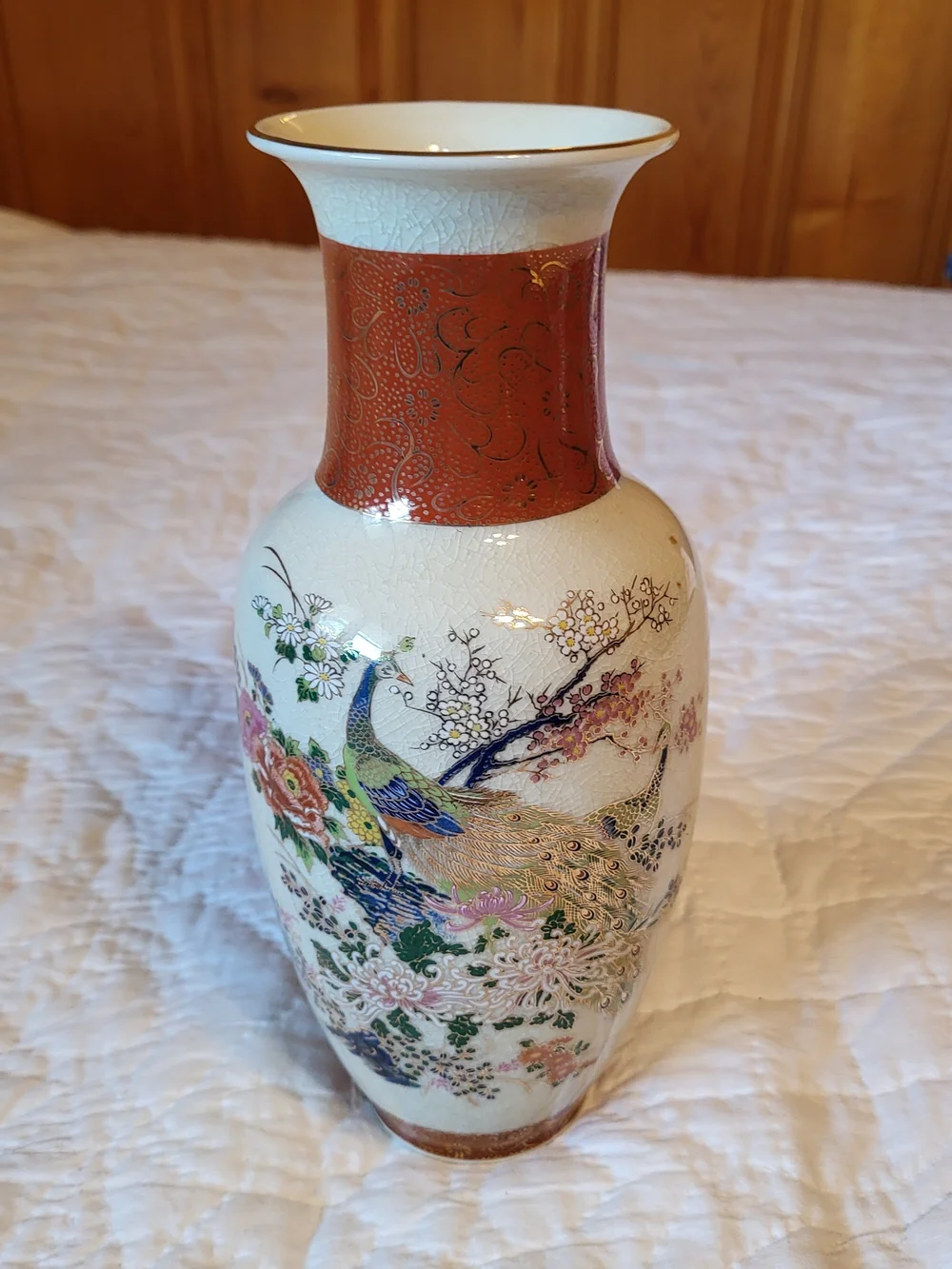 Decorative Cream and Orange Floral Peacock Ceramic Vase